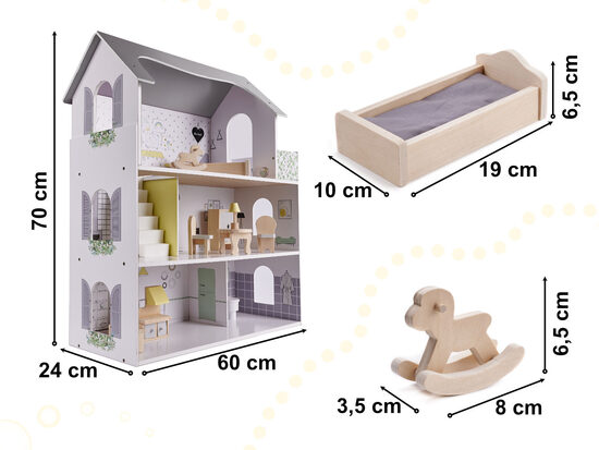 Wooden Dollhouse + Furniture